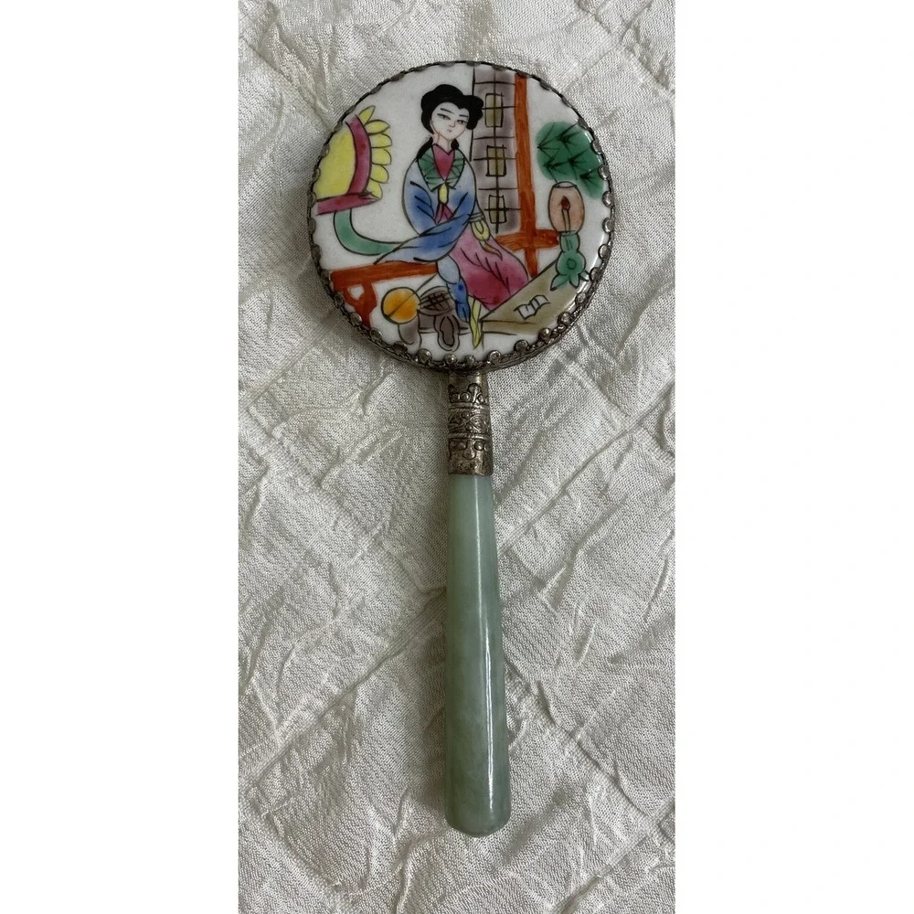 Vintage Hand Mirror Hand Painted Porcelain Jade Handle Vanity Set Green